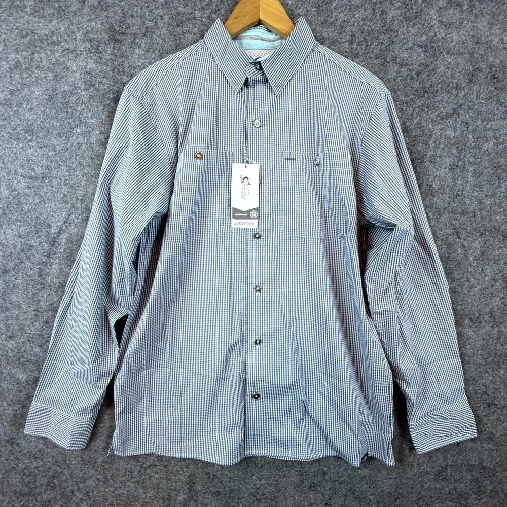 World Wide Sportsman Fishing Shirt Men Medium White Blue Plaid Stretch Button Up